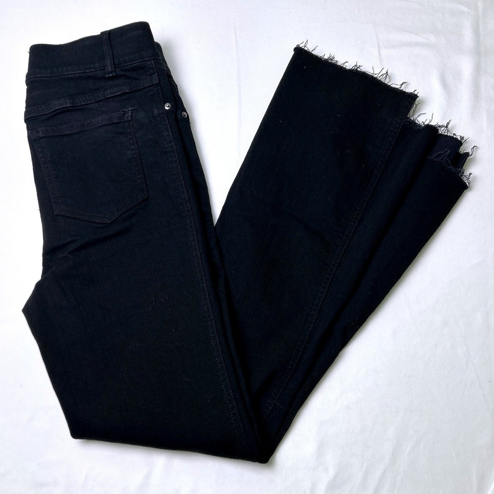 Spanx Womens High Rise Pull On Raw Hem Flare Jeans Size S Tall Midnight Black